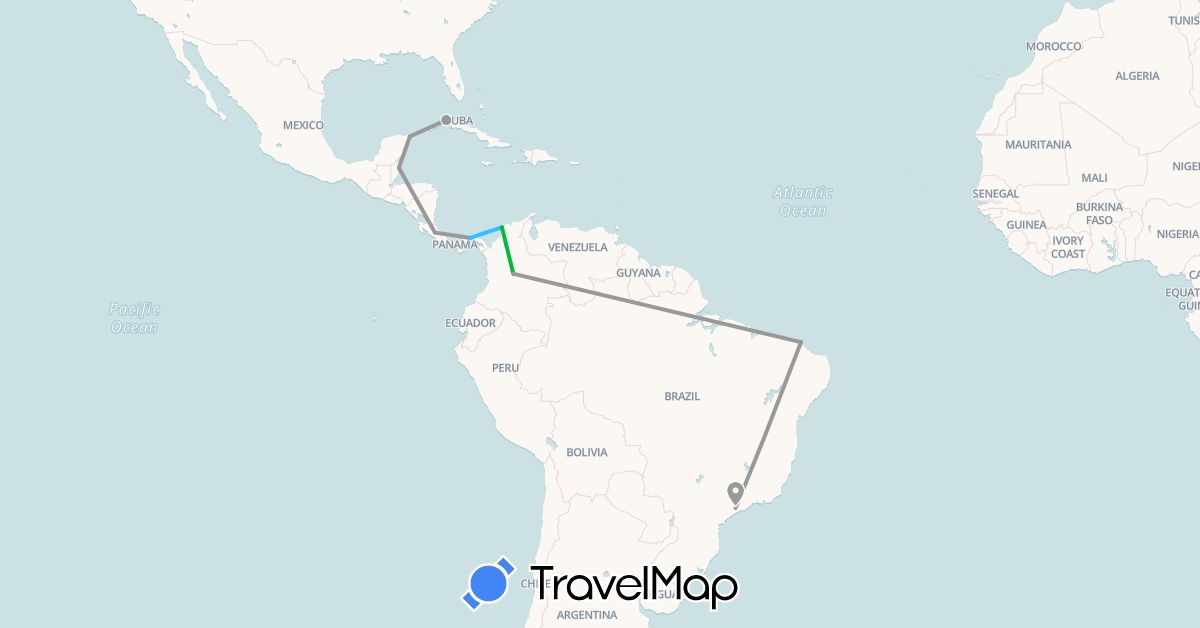 TravelMap itinerary: driving, bus, plane, boat in Brazil, Colombia, Costa Rica, Cuba, Mexico, Panama (North America, South America)